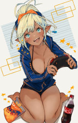 Rule 34 | 1girl, :d, barefoot, black bra, black shorts, blonde hair, blue eyes, blue jacket, bra, breasts, chips (food), cleavage, coca-cola, collarbone, commentary, commission, controller, diamond-shaped pupils, diamond (shape), earrings, elf, food, full body, hair bun, hair ribbon, highres, holding, holding controller, jacket, jewelry, kemomin nosuke, looking at viewer, nail polish, open clothes, open jacket, open mouth, orange nails, original, pointy ears, potato chips, ribbon, sharp teeth, short shorts, shorts, single earring, single hair bun, sitting, skeb commission, smile, solo, star (symbol), swept bangs, symbol-shaped pupils, tan, teeth, underwear, wariza