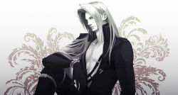 Rule 34 | 1boy, black gloves, black jacket, black pants, final fantasy, final fantasy vii, gloves, grey hair, greyscale, hair over shoulder, high collar, jacket, long bangs, long hair, looking at viewer, male focus, monochrome, muscular, muscular male, open clothes, open jacket, pants, parted bangs, pectorals, sephiroth, sitting, solo, square enix, thigh strap, upper body, yui (nightflight)