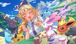 Rule 34 | 1girl, :d, blonde hair, blue necktie, blush, bow, closed eyes, collared shirt, creatures (company), dark-skinned female, dark skin, day, espeon, flareon, food, game freak, gen 1 pokemon, gen 2 pokemon, gen 4 pokemon, gen 6 pokemon, glaceon, hair bow, highres, holding, holding food, hololive, itaboon, jolteon, leafeon, long hair, multicolored hair, necktie, nintendo, open mouth, outdoors, pokemon, pokemon (creature), pokemon sv, ponytail, sandwiched, shiranui flare, shirt, short sleeves, smile, streaked hair, sylveon, umbreon, vaporeon, virtual youtuber, white hair, white shirt