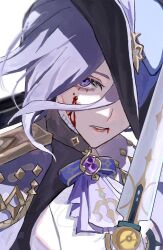 Rule 34 | 1girl, ascot, blood, blood on face, blood on mouth, clorinde (genshin impact), genshin impact, hat, highres, holding, holding sword, holding weapon, hsmtmg, looking at viewer, parted lips, purple ascot, purple brooch, purple eyes, purple hair, serious, simple background, solo, sword, upper body, weapon, white background