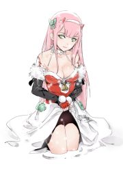Rule 34 | 10s, 1girl, alternate costume, artist name, bare shoulders, bell, breasts, cleavage, darling in the franxx, elbow gloves, fingerless gloves, gloves, green eyes, highres, large breasts, long hair, looking at viewer, pink hair, relaxjon, santa costume, sketch, solo, white background, zero two (darling in the franxx)