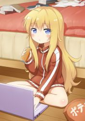 Rule 34 | 10s, 1girl, ahoge, bed, blonde hair, blue eyes, blush, book, chips (food), computer, convenient censoring, dokka no kuni no kokuou, food, gabriel dropout, gabriel tenma white, indian style, indoors, jacket, laptop, long hair, messy hair, no pants, potato chips, sitting, solo, track jacket, very long hair