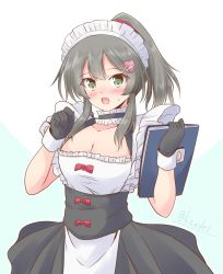 Rule 34 | 1girl, alternate costume, alternate hairstyle, apron, black dress, black gloves, black hair, bodice, book, breasts, cleavage, commentary request, dress, enmaided, frilled apron, frilled shirt, frills, gloves, green eyes, hair ornament, hairclip, highres, kantai collection, long hair, looking at viewer, maid, maid headdress, medium breasts, oyashio (kancolle), ponytail, shirt, shizuna kaede, solo, waitress, white apron