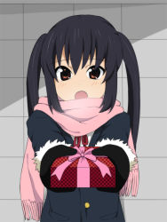 Rule 34 | 1girl, :o, black hair, blush, bow, coat, embarrassed, fur trim, gift, gloves, holding, holding gift, incoming gift, k-on!, long hair, looking at viewer, muta, muta (munimuni), nakano azusa, open mouth, orange eyes, outstretched arms, pov, ribbon, scarf, solo, twintails
