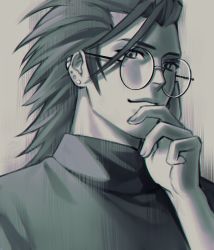 Rule 34 | 1boy, absurdres, alternate eyewear, earrings, final fantasy, final fantasy vii, glasses, grey background, greyscale, hair slicked back, hand to own mouth, highres, jewelry, looking at viewer, male focus, medium hair, monochrome, montaro, multiple earrings, sideburns, smile, solo, swept bangs, turtleneck, upper body, zack fair