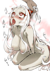 Rule 34 | 10s, 1girl, abyssal ship, airfield princess, asanagi, between legs, blush, breasts, cum, facial, fang, fingering, hair censor, hand between legs, heart, heart-shaped pupils, horns, kantai collection, large breasts, long hair, nipples, nude, open mouth, pale skin, red eyes, solo focus, symbol-shaped pupils, tongue, tongue out, white hair
