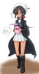 Rule 34 | 1girl, animal, artist self-insert, black coat, black footwear, black hair, blue eyes, boots, bow, carrot, coat, commentary, dark-skinned female, dark skin, frown, girls und panzer, hair bow, hair over one eye, hat feather, highres, holding, holding animal, jinguu (4839ms), knee boots, long coat, long hair, looking to the side, midriff, motion blur, navel, ogin (girls und panzer), ooarai naval school uniform, open clothes, open coat, open mouth, ponytail, rabbit, red bow, school uniform, solo, standing, translated, walking, white background