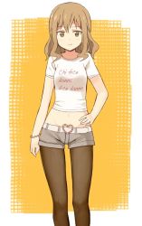 Rule 34 | 1girl, bad id, bad pixiv id, belt, black pantyhose, bracelet, brown eyes, brown hair, brown pantyhose, buckle, clothes writing, fashion, fernandia malvezzi, glastonbury1966, hand on own hip, heart, heart-shaped buckle, heart belt, italian text, jewelry, midriff, pantyhose, pantyhose under shorts, short shorts, shorts, solo, strike witches, strike witches: kurenai no majo-tachi, world witches series