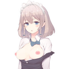 Rule 34 | 1girl, blue bow, blue eyes, blush, bow, braid, breasts, breasts out, brown hair, commentary request, dress shirt, highres, izayoi sakuya, looking at viewer, maid headdress, medium breasts, nipples, no bra, open clothes, parted lips, shirt, shisha no karada, short hair, simple background, solo, touhou, twin braids, unbuttoned, upper body, white background, white shirt