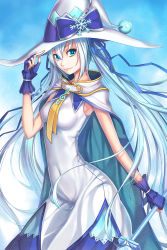 Rule 34 | 1girl, adapted costume, aqua eyes, aqua hair, cape, covered navel, fingerless gloves, gloves, hair ribbon, hat, hat tip, hatsune miku, highres, long hair, looking at viewer, navel, nian (zhanian), ribbon, smile, snowflakes, solo, twintails, very long hair, vocaloid, witch hat, yuki miku