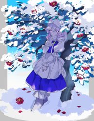 Rule 34 | 1girl, apron, blue dress, chamaruk, closed mouth, commentary, dress, flower, frilled dress, frills, full body, hair between eyes, hand up, hat, highres, juliet sleeves, letty whiterock, light smile, long sleeves, looking at viewer, medium hair, puffy sleeves, purple eyes, purple hair, red flower, scarf, shoes, snow, solo, standing, touhou, tree, waist apron, white apron, white footwear, white hat, white scarf