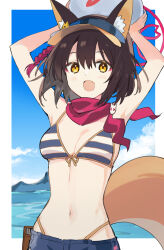 Rule 34 | 1girl, :d, animal ear fluff, animal ears, armpits, arms up, ball, beachball, bikini, bikini under clothes, bikini under shorts, blue archive, blue bikini, blue shorts, blue sky, blush, border, breasts, brown hair, cleavage, cloud, day, double-parted bangs, fang, fox ears, fox girl, fox tail, front-tie bikini top, front-tie top, hair between eyes, halo, highleg, highleg bikini, highres, holding, holding ball, izuna (blue archive), izuna (swimsuit) (blue archive), looking at viewer, medium breasts, navel, ocean, official alternate costume, open mouth, outdoors, outside border, pink halo, pink scarf, scarf, shiduki eku, short hair, shorts, skin fang, sky, smile, solo, stomach, striped bikini, striped clothes, swimsuit, tail, upper body, visor cap, white border, yellow eyes, yellow trim