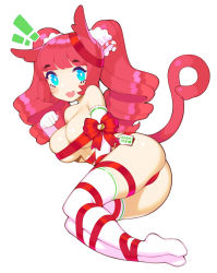 Rule 34 | !, !!, 1girl, :d, animal ears, ass, warrior of light (ff14), bare shoulders, blue eyes, blush, blush stickers, bound, bound legs, breasts, breasts squeezed together, bright pupils, budget sarashi, candy, candy cane, candy cane hair ornament, cleavage, commentary, commission, drill hair, elbow gloves, english commentary, english text, fang, final fantasy, final fantasy xiv, food, food-themed hair ornament, full body, gloves, hair ornament, halphelt, hand up, highres, large breasts, legs together, looking at viewer, lying, naked ribbon, on side, open mouth, original, paw pose, red hair, red ribbon, ribbon, ribbon bondage, sarashi, simple background, skin fang, smile, solo, tail, thighhighs, twin drills, twintails, white background, white gloves, white pupils, white thighhighs