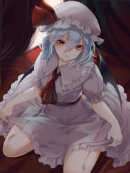 Rule 34 | 1girl, ascot, bat wings, blue hair, bow, closed mouth, clothes lift, commentary, curtains, dress, flat chest, hair between eyes, hat, hat bow, head tilt, highres, indoors, lifted by self, looking at viewer, mob cap, oborofu, puffy short sleeves, puffy sleeves, red ascot, red bow, red eyes, remilia scarlet, short hair, short sleeves, sitting, skirt, skirt lift, solo, touhou, wariza, white dress, white hat, wings