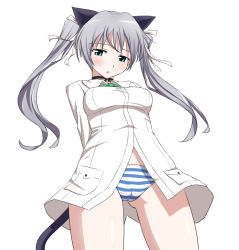 Rule 34 | 1girl, animal ears, aqua eyes, arms behind back, bad id, cameltoe, cat ears, cat tail, choker, cosplay, francesca lucchini, francesca lucchini (cosplay), hair ribbon, long hair, muchabou, mutchan, panties, ribbon, sanya v. litvyak, silver hair, simple background, solo, strike witches, striped clothes, striped panties, tail, twintails, underwear, white background, world witches series