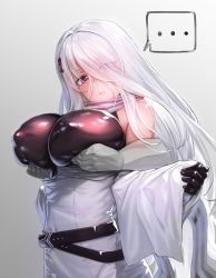 Rule 34 | ..., 1girl, bare shoulders, black gloves, breasts, closed mouth, commentary request, covered erect nipples, girls&#039; frontline, gloves, gradient background, grey background, h kasei, hair ornament, large breasts, long hair, long sleeves, looking at viewer, pk (girls&#039; frontline), red eyes, sleeves past wrists, solo focus, speech bubble, spoken ellipsis, upper body, very long hair, white hair, wide sleeves