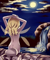 Rule 34 | 1girl, ass, back, bad id, bad pixiv id, cloud, curly hair, fairy wings, from behind, full moon, gorota, hat, holding own wrist, long hair, luna child, moon, moonlight, night, night sky, nude, onsen, reflection, rock, shoes, sky, slippers, solo, thighs, touhou, tree, twitter username, unworn clothes, unworn hat, unworn headwear, unworn shoes, water, waterfall, wings