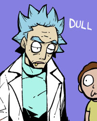 Rule 34 | 2boys, adult swim, blue hair, blue shirt, brown hair, dowman sayman, drooling, grandfather and grandson, lab coat, male focus, mortimer smith, multiple boys, o3o, rick and morty, rick sanchez, shirt, yellow shirt