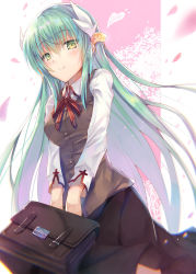 Rule 34 | 1girl, alternate costume, bag, black skirt, blush, bow, bowtie, breasts, buttons, cherry blossoms, closed mouth, collared shirt, fate/grand order, fate (series), floating hair, gradient hair, green hair, hair between eyes, hair ornament, highres, holding, holding bag, homurahara academy school uniform, inoue takuya (tactactak), kiyohime (fate), long hair, long sleeves, looking at viewer, multicolored hair, petals, pleated skirt, school bag, school uniform, shirt, skirt, smile, solo, thighhighs, uniform, very long hair, white shirt, wind, yellow eyes, zettai ryouiki