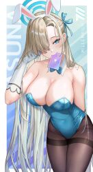 Rule 34 | 1girl, absurdres, animal ears, arm behind back, armpit crease, asuna (blue archive), asuna (bunny) (blue archive), bare shoulders, black pantyhose, blue archive, blue bow, blue bowtie, blue eyes, blue leotard, blue ribbon, border, bow, bowtie, breasts, card, card in mouth, character name, cleavage, collar, covered navel, cowboy shot, detached collar, fake animal ears, hair over one eye, hair ribbon, halo, hand in own hair, hand up, highleg, highleg leotard, highres, kama (kama ovo), large breasts, leaning forward, leotard, light brown hair, long bangs, long hair, looking at viewer, mole, mole on breast, mouth hold, one eye covered, pantyhose, playing card, rabbit ears, ribbon, sidelocks, solo, strapless, strapless leotard, swept bangs, thighband pantyhose, thighs, very long hair, white border, white collar, wing collar