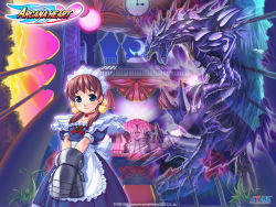 Rule 34 | 1girl, apron, aq interactive, arcana heart, armor, armored dress, atlus, balcony, blue eyes, blush, brooch, brown hair, choker, claws, clock, cloud, crescent moon, crossed arms, curtains, dress, examu, fiona mayfield, flat chest, flower, gauntlets, hair bobbles, hair ornament, jewelry, maid, maid apron, maid headdress, mizuki gyokuran, monster, moon, night, night sky, official art, official wallpaper, orichalkos, sky, smile, stairs, sunset, twintails, v arms