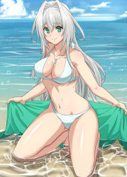 Rule 34 | 10s, 1girl, barefoot, bikini, blush, bow, breasts, caustics, cleavage, closed mouth, cloud, collarbone, day, embarrassed, emilia hermit, full body, green eyes, hair between eyes, hair intakes, halterneck, hip focus, holding, holding towel, hundred (light novel), in water, jewelry, kneeling, kneeling in water, legs apart, long hair, looking at viewer, medium breasts, namakemono (u446644k), navel, necklace, ocean, outdoors, outstretched arms, partially submerged, raised eyebrows, shadow, sidelocks, silver hair, sky, solo, sparkle, spread arms, swimsuit, thighs, toes, towel, very long hair, water, white bikini, white bow