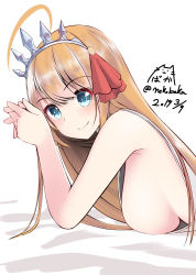 Rule 34 | 1girl, ahoge, arms up, bare arms, bare shoulders, bed sheet, blue eyes, blush, breasts, closed mouth, commentary request, dated, dress, hair between eyes, hair ribbon, highres, large breasts, light brown hair, long hair, looking at viewer, looking to the side, nekobaka, own hands together, pecorine (princess connect!), princess connect!, red ribbon, ribbon, sideboob, signature, sleeveless, sleeveless dress, smile, solo, split mouth, tiara, twitter username, upper body, very long hair, white dress