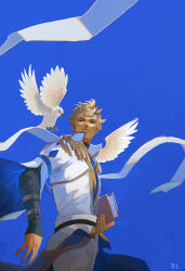Rule 34 | 1boy, arm belt, artist name, belt, bird, black choker, blonde hair, blue background, book, brown belt, cardinal (ragnarok online), chinese commentary, choker, closed mouth, commentary request, cowboy shot, dated commentary, dove, expressionless, flipped hair, golden wings, grey eyes, holding, holding book, jacket, layered sleeves, long sleeves, looking at animal, looking to the side, male focus, pants, ragnarok online, short bangs, short hair, short over long sleeves, short sleeves, solo, white bird, white jacket, white pants, z.i