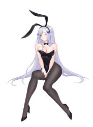 Rule 34 | 1girl, absurdres, animal ears, bare shoulders, between legs, black footwear, black leotard, black pantyhose, bow, bowtie, breasts, cleavage, closed mouth, covered navel, cross hair ornament, detached collar, earrings, facial mark, fake animal ears, girls&#039; frontline, green eyes, hair ornament, hairband, high heels, highres, hk416 (girls&#039; frontline), hoop earrings, invisible chair, jewelry, large breasts, leotard, long hair, looking at viewer, one eye closed, pantyhose, playboy bunny, rabbit ears, silver hair, sitting, siun, solo, strapless, strapless leotard, v arms, very long hair, wrist cuffs