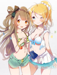 Rule 34 | 10s, 2girls, :d, ;), aqua eyes, ayase eli, bad id, bad pixiv id, bikini, bikini top only, blonde hair, blunt bangs, blush, bow, bracelet, breasts, brown eyes, brown hair, cleavage, fly 333, front-tie top, hair bow, jewelry, long hair, love live!, love live! school idol project, medium breasts, midriff, minami kotori, multiple girls, navel, no shirt, one eye closed, open fly, open mouth, ponytail, short shorts, shorts, skirt, smile, strap gap, striped bikini, striped clothes, swimsuit, twintails, unzipped, vest, wink