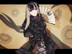 Rule 34 | 1girl, black bow, black choker, black dress, black eyeliner, black gloves, black hair, blue eyes, blunt bangs, bow, choker, commentary request, cross-laced clothes, cross-laced dress, dress, dress bow, eyelashes, eyeliner, flower, frills, gloves, gothic lolita, grey hair, hand fan, highres, holding, holding fan, hololive, hololive dev is, juufuutei raden, lace, lace-trimmed choker, lace choker, lace trim, little ecy, lolita fashion, long hair, looking at viewer, makeup, multicolored hair, red brooch, sidelocks, smile, solo, streaked hair, tsuitate, two-tone hair, virtual youtuber
