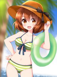 1girl :d beach bikini black_ribbon blurry blurry_background blush breasts brown_eyes brown_hair brown_hat cleavage collarbone commentary_request cowboy_shot day front-tie_bikini_top front-tie_top green_bikini hand_on_own_hip hand_up hat hat_ribbon highres innertube inokuma_youko kin-iro_mosaic looking_at_viewer medium_breasts navel open_mouth outdoors ribbon ruu_(tksymkw) short_hair smile solo striped_bikini striped_clothes swim_ring swimsuit