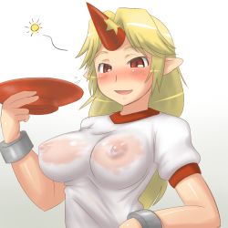Rule 34 | 1girl, aaaa (quad-a), alcohol, bad id, bad pixiv id, blonde hair, blush, breasts, breasts apart, covered erect nipples, cuffs, cup, drunk, female focus, highres, horns, hoshiguma yuugi, huge breasts, impossible clothes, impossible shirt, nipples, oni, pointy ears, red eyes, sakazuki, sake, see-through, shackles, shirt, single horn, solo, touhou, wet, wet clothes, wet shirt