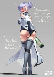 Rule 34 | 1girl, anus, artist name, ass, blush, boots, bottle, clothing aside, commission, defloration, drunk, english text, from behind, full body, grey background, high heel boots, high heels, imminent anal, imminent penetration, looking at viewer, panties, panties aside, presenting, pussy, rwby, silver hair, solo, squeans, text focus, twobey, uncensored, underwear, wine bottle, winter schnee