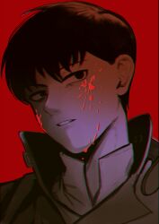 Rule 34 | 1boy, akira (manga), black eyes, black hair, blood, blood on face, chichi840426, greyscale with colored background, highres, jacket, kaneda shoutarou (akira), looking at viewer, male focus, parted lips, popped collar, portrait, red background, red theme, sanpaku, short hair, solo, spot color