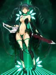 Rule 34 | 1girl, bad id, bad pixiv id, bare shoulders, black gloves, breasts, breasts apart, c-string, center opening, collar, collarbone, fingerless gloves, full body, gloves, green background, green eyes, green hair, groin, hair ribbon, highres, hiruno, long hair, looking at viewer, matching hair/eyes, navel, original, ribbon, sheath, sheathed, shoes, solo, standing, strapless bottom, sword, twintails, weapon