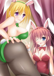 Rule 34 | 2girls, ;p, animal ears, ass, bare shoulders, black legwear, blonde hair, blue eyes, blush, bow, bowtie, breasts, brown hair, rabbit ears, rabbit tail, cleavage, detached collar, fake animal ears, large breasts, leotard, long hair, looking at viewer, looking back, multiple girls, one eye closed, open mouth, original, pantyhose, pink hair, playboy bunny, pointing, purple eyes, red hair, short hair, shunrei (blue sanctuary), tail, tongue, tongue out, wink, wrist cuffs