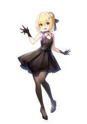 Rule 34 | 1girl, :d, armpits, bare arms, bare shoulders, black choker, black dress, black footwear, black gloves, blonde hair, bow, braid, braided bun, brown thighhighs, choker, closers, criss-cross halter, dress, flat chest, full body, gloves, hair bow, hair bun, hair ornament, hairclip, halter dress, halterneck, high heels, highres, lace trim, looking at viewer, lucy (closers), official art, open mouth, pink eyes, sidelocks, sleeveless, sleeveless dress, smile, solo, spaghetti strap, thighhighs, yellow eyes