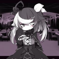 Rule 34 | 1girl, ahoge, animal collar, arm behind back, black bow, black capelet, black collar, black dress, black eyes, black ribbon, blurry, blurry background, blush, borrowed character, bow, capelet, center frills, closed mouth, collar, cowboy shot, cross-laced clothes, cross-laced dress, dress, frilled capelet, frilled dress, frilled sleeves, frills, grey hair, hair bow, hair flaps, hair ornament, hand up, jitome, kisaragi kaya, letterboxed, long hair, long sleeves, looking at viewer, monochrome background, multicolored hair, necktie, original, outside border, pale skin, photo background, pinstripe bow, ribbon, sleeve bow, sleeves past fingers, sleeves past wrists, solo, split-color hair, two side up, ushi chang, white bow, white eyes, white hair, x hair ornament