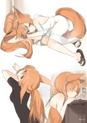 Rule 34 | 1girl, animal ears, bare arms, bare legs, bare shoulders, body blush, breasts, brown footwear, commentary request, copyright request, dress, closed eyes, flip-flops, fox ears, fox girl, fox tail, korean commentary, long hair, looking at viewer, lpip, multiple views, orange eyes, orange hair, sandals, tail, white dress