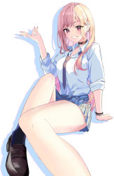 Rule 34 | 1girl, absurdres, arm support, blonde hair, blue necktie, blue skirt, blue socks, bracelet, brown choker, brown footwear, choker, collared shirt, colored inner hair, commentary, ear piercing, earrings, eyelashes, foot out of frame, foreshortening, hand up, highres, jewelry, kitagawa marin, knee up, legs, loafers, looking at viewer, multicolored hair, nail polish, necktie, piercing, pink eyes, pink hair, pink nails, plaid, plaid skirt, school uniform, shadow, shiny skin, shirt, shoes, sidelocks, simple background, sitting, skirt, sleeves rolled up, socks, solo, sono bisque doll wa koi wo suru, swept bangs, teeth, thighs, v, white background, white shirt, yuki yuuma