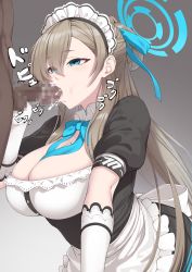 Rule 34 | 1girl, apron, asuna (blue archive), black dress, blue archive, blue ribbon, blush, bow, bowtie, breasts, censored, cleavage, cum, cum in mouth, dark-skinned male, dark skin, dress, ejaculation, elbow gloves, fellatio, gloves, halo, headphones, hetero, highres, large breasts, light brown hair, long hair, maid headdress, mku, mole, mole on breast, mosaic censoring, neck ribbon, oral, penis, puffy short sleeves, puffy sleeves, ribbon, short sleeves, testicles, white apron, white gloves