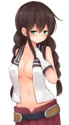 Rule 34 | 10s, 1girl, bad id, bad nicoseiga id, bare shoulders, belt, black hair, blush, braid, breasts, cleavage, collarbone, cowboy shot, gloves, green eyes, hair between eyes, hair ribbon, hand on own chest, kantai collection, long hair, looking away, mizushina minato, navel, no bra, noshiro (kancolle), open clothes, open shirt, pleated skirt, red skirt, ribbon, shirt, sidelocks, simple background, skirt, solo, standing, stomach, twin braids, very long hair, white background, white gloves