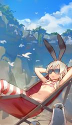 Rule 34 | 10s, 1girl, animal, animal ears, bikini, bird, cloud, day, highres, kantai collection, outdoors, pigeon, rabbit ears, shimakaze (kancolle), sky, striped clothes, striped thighhighs, sunglasses, swimsuit, thighhighs, timbougami
