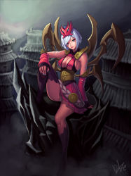Rule 34 | 1girl, absurdres, bad id, bad pixiv id, black thighhighs, blood moon elise, blue eyes, blue nails, blush, breasts, cleavage, dduck kong, elise (league of legends), highres, large breasts, league of legends, looking at viewer, nail polish, parted lips, short hair, sideboob, signature, silver hair, sitting, smile, solo, thighhighs