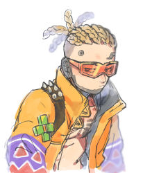Rule 34 | 1girl, animification, apex legends, black eyes, blonde hair, collarbone, cornrows, crypto (apex legends), husagin, hype beast crypto, jacket, leaning forward, looking to the side, male focus, official alternate costume, orange jacket, solo, spikes, sunglasses, undercut, upper body, white background