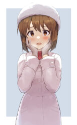 Rule 34 | 1girl, :o, absurdres, blush, breath, brown hair, coat, commentary, fur hat, gloves, grey gloves, hagiwara yukiho, hands on own cheeks, hands on own face, hat, highres, idolmaster, idolmaster (classic), idolmaster million live!, looking at viewer, red shirt, shirt, short hair, shuucream (syuichi), simple background, solo, two-tone background, white coat