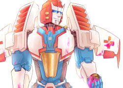 Rule 34 | autobot, blood, blue eyes, grin, highres, mecha, no humans, oceanapril, pharma, pink blood, robot, simple background, smile, solo, the transformers (idw), transformers, upper body, white background