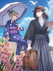 Rule 34 | 1boy, 1girl, :d, absurdres, alternate costume, bird, black hair, black kimono, blonde hair, blue kimono, blurry, book, bow, brown eyes, cloud, day, depth of field, dress shirt, earrings, expressionless, eye contact, facial mark, feet out of frame, floral print, flower, frilled umbrella, frills, full body, gladiolus, glasses, gloves, grey hakama, hair bow, hair bun, hair down, hakama, hat, heart, heart facial mark, highres, holding, holding book, holding suitcase, holding umbrella, japanese clothes, jewelry, kimono, lace, lace-trimmed gloves, lace trim, lighthouse, long sleeves, looking at another, looking back, luis cammy, medium hair, nail polish, nijisanji, obi, on railing, open book, open mouth, otowe, parted bangs, parted lips, pink eyes, pink flower, railing, red nails, sandals, sash, see-through, see-through gloves, shellin burgundy, shirt, single hair bun, single sidelock, sitting, smile, standing, straw hat, suitcase, toenail polish, toenails, umbrella, virtual youtuber, white gloves, white shirt, zouri