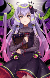 Rule 34 | 1girl, black dress, book, commentary request, covered collarbone, dress, frilled dress, frills, grey shirt, highres, long hair, long sleeves, looking at viewer, hugging object, parted lips, polka dot, polka dot shirt, purple hair, red eyes, shirt, sleeveless, sleeveless dress, sleeves past wrists, smile, solo, suction cups, tenneko yuuri, tentacles, very long hair, vocaloid, voiceroid, yuzuki yukari